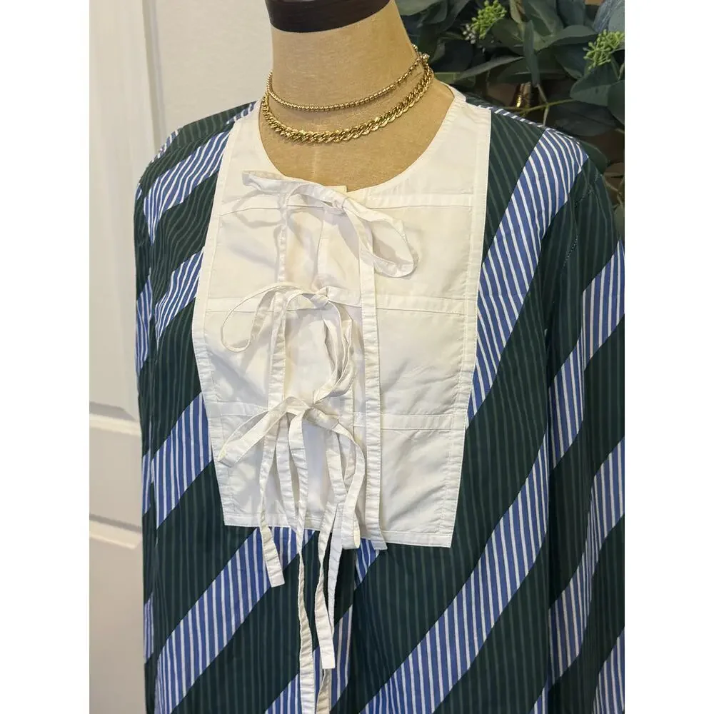 TORY BURCH Overprinted Tie-Front Top in Diagonal Stripe size 10 Blue Green